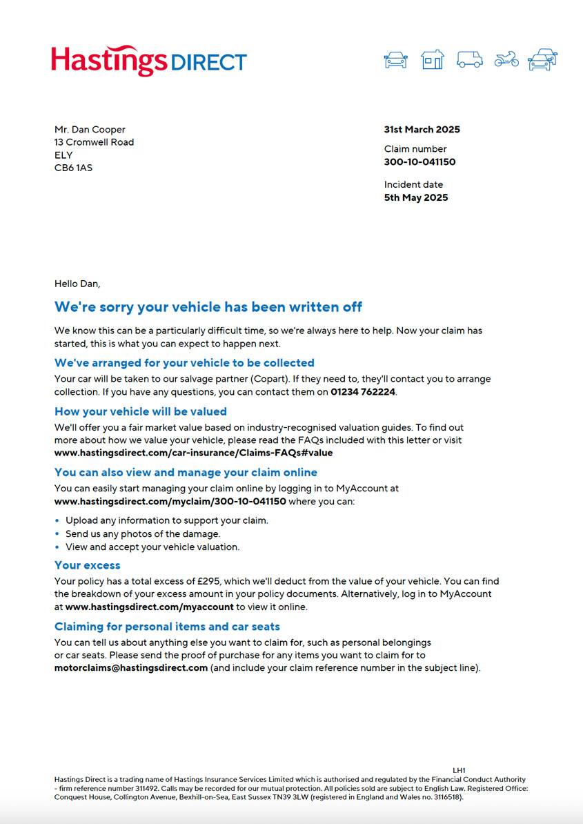Hastings Direct letter 2 - claiming for write-off