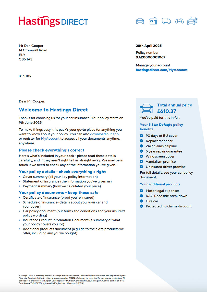 Hastings Direct letter 1 - Welcome